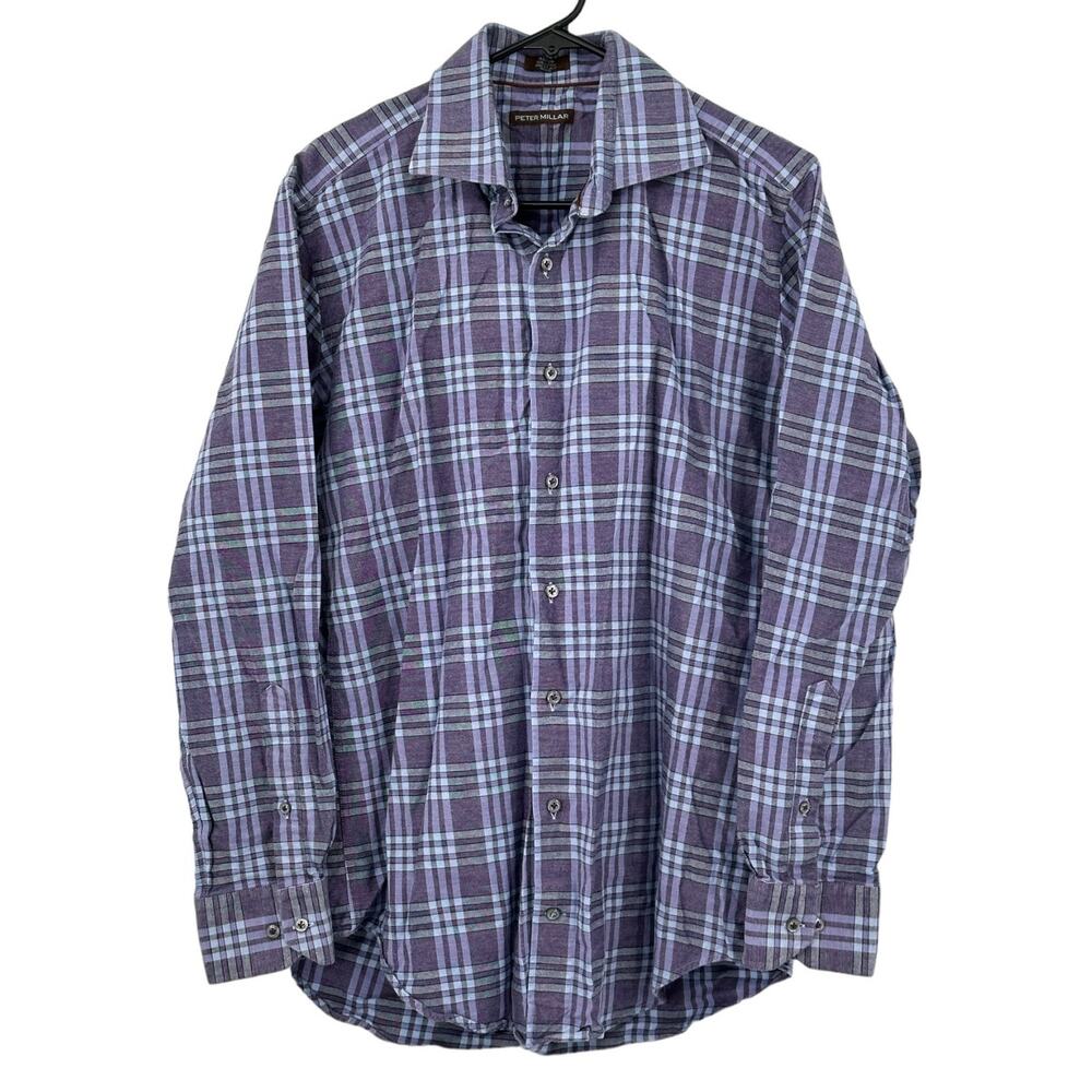 Peter Millar Shirt Men Medium Slim Fit Button Up Purple Plaid Long Sleeve Preppy